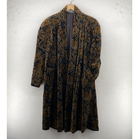 PORTRAIT Coat L Swing Duster Velvet Paisley Floral Open VTG Brown USA - Picture 1 of 13